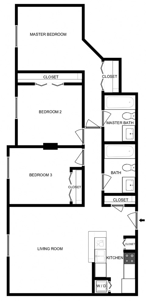 Floor plan for 3 beds, 2 baths, 1084 sqft